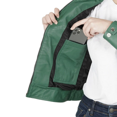 Women Green Diamond Cafe Racer Real Leather Jacket