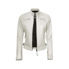 Women Off White Diamond Moto Style Real Leather Jacket
