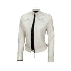 Women Off White Diamond Moto Style Real Leather Jacket