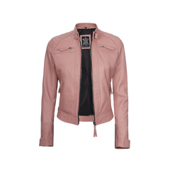 Women Pink Diamond Cafe Racer Real Leather Jacket