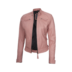 Women Pink Diamond Cafe Racer Real Leather Jacket
