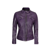 Women Purple Quilted Leather Cafe Racer Jacket