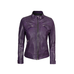 Women Purple Quilted Leather Cafe Racer Jacket