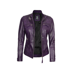 Women Purple Quilted Leather Cafe Racer Jacket