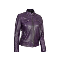 Women Purple Quilted Leather Cafe Racer Jacket