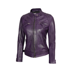 Women Purple Quilted Leather Cafe Racer Jacket