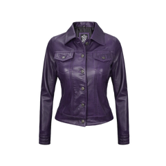 Women Purple Trucker Leather Jacket