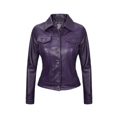 Women Purple Trucker Leather Jacket