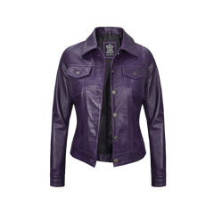 Women Purple Trucker Leather Jacket