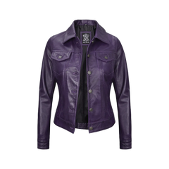 Women Purple Trucker Leather Jacket