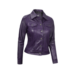 Women Purple Trucker Leather Jacket