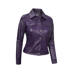Women Purple Trucker Leather Jacket