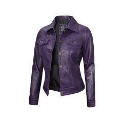 Women Purple Trucker Leather Jacket