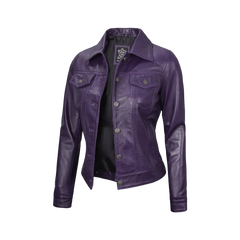 Women Purple Trucker Leather Jacket