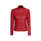 Women Red Quilted Sleeves Cafe Racer Leather Jacket