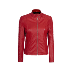 Women Red Quilted Sleeves Cafe Racer Leather Jacket