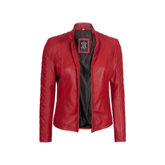 Women Red Quilted Sleeves Cafe Racer Leather Jacket