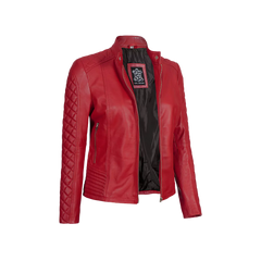 Women Red Quilted Sleeves Cafe Racer Leather Jacket