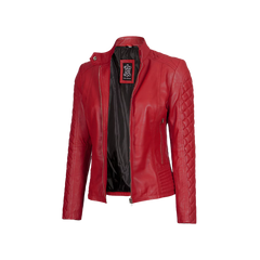 Women Red Quilted Sleeves Cafe Racer Leather Jacket