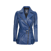 Women's Asymmetrical Blue Belted Leather Jacket