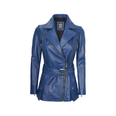 Women's Asymmetrical Blue Belted Leather Jacket