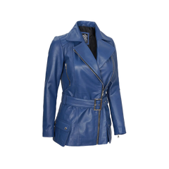Women's Asymmetrical Blue Belted Leather Jacket