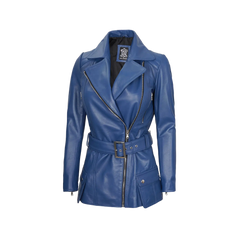 Women's Asymmetrical Blue Belted Leather Jacket