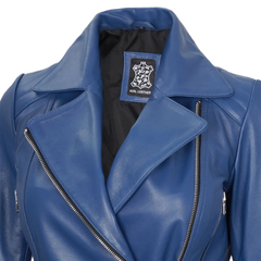 Women's Asymmetrical Blue Belted Leather Jacket