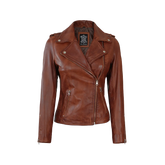 Women's Asymmetrical Cognac Brown Biker Leather Jacket