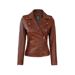 Women's Asymmetrical Cognac Brown Biker Leather Jacket