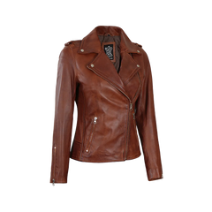 Women's Asymmetrical Cognac Brown Biker Leather Jacket
