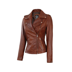 Women's Asymmetrical Cognac Brown Biker Leather Jacket