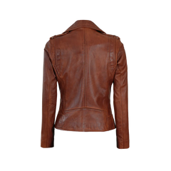Women's Asymmetrical Cognac Brown Biker Leather Jacket