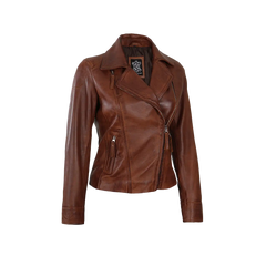 Women's Asymmetrical Cognac Brown Leather Jacket