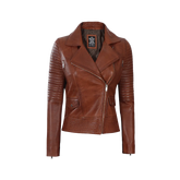 Women's Asymmetrical Cognac Wax Biker Leather Jacket