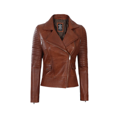 Women's Asymmetrical Cognac Wax Biker Leather Jacket