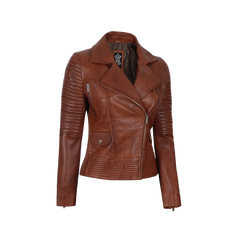 Women's Asymmetrical Cognac Wax Biker Leather Jacket