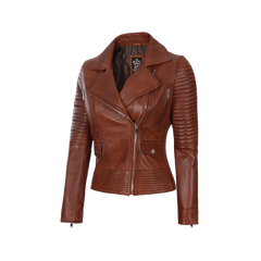 Women's Asymmetrical Cognac Wax Biker Leather Jacket