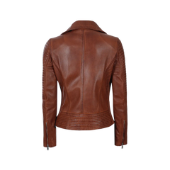 Women's Asymmetrical Cognac Wax Biker Leather Jacket