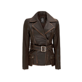 Women's Asymmetrical Distressed Vintage Brown Belted Leather Jacket