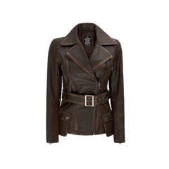 Women's Asymmetrical Distressed Vintage Brown Belted Leather Jacket