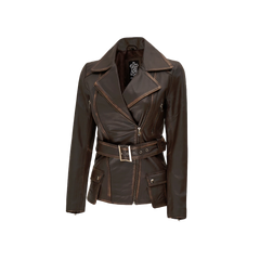 Women's Asymmetrical Distressed Vintage Brown Belted Leather Jacket