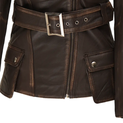 Women's Asymmetrical Distressed Vintage Brown Belted Leather Jacket