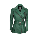 Women's Asymmetrical Green Belted Leather Jacket
