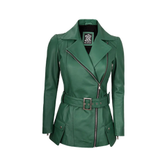 Women's Asymmetrical Green Belted Leather Jacket