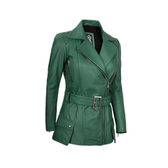 Women's Asymmetrical Green Belted Leather Jacket