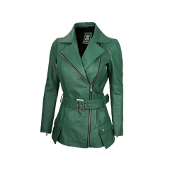 Women's Asymmetrical Green Belted Leather Jacket