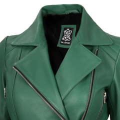 Women's Asymmetrical Green Belted Leather Jacket