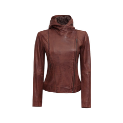 Women's Asymmetrical Motorcycle Leather Jacket with Hood