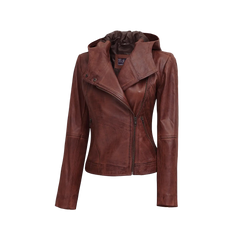 Women's Asymmetrical Motorcycle Leather Jacket with Hood